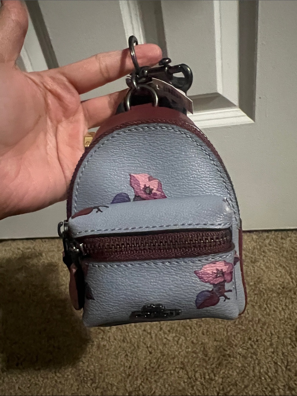 Coach Small Floral Leather Keychain Backpack - Light Blue and Maroon